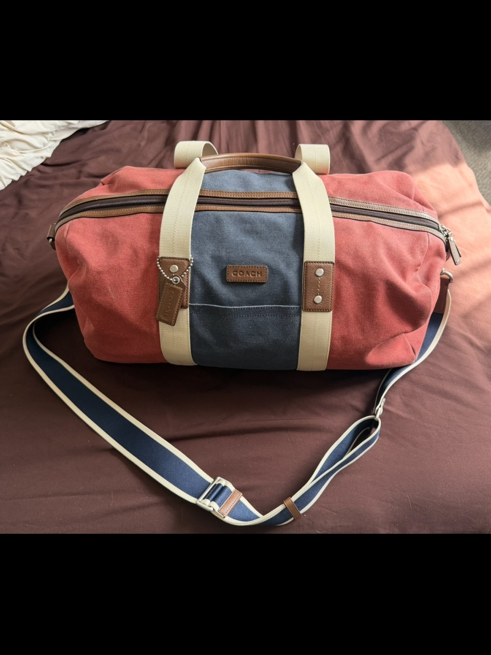 Coach Two-Tone Canvas Duffel in Red & Blue